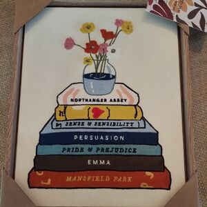 NWT BP Home 14.5" X 12" Embroidered Textile Wall Art Stack Of Books